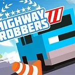 Carretera con un coche azul, una patrulla al fondo, un cono de tráfico naranja y texto que dice Highway Robbers