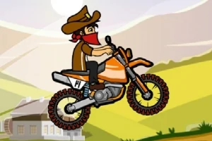 Persona con sombrero de vaquero y pañuelo rojo montando una motocicleta naranja en un paisaje rural