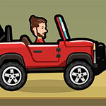 Hombre con barba conduciendo un jeep rojo en una ilustración animada
