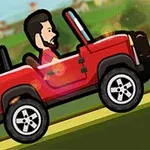 Hombre animado conduciendo un jeep rojo en un paisaje rural