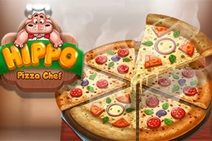 Una pizza completa con diversas rebanadas y una imagen de un hipopótamo chef en el lado izquierdo