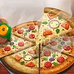 Una pizza completa con diversas rebanadas y una imagen de un hipopótamo chef en el lado izquierdo