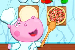 Hipopótamo rosado con gorro de chef sosteniendo una cuchara de madera junto a una pizza sobre una mesa