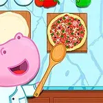 Hipopótamo rosado con gorro de chef sosteniendo una cuchara de madera junto a una pizza sobre una mesa