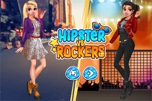 Dos personajes femeninos con estilos contrastantes, uno con ropa hipster y el otro con ropa rockera, rodeados de un fondo urbano y luces de escenario