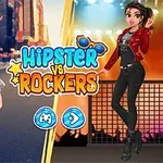 Dos personajes femeninos con estilos contrastantes, uno con ropa hipster y el otro con ropa rockera, rodeados de un fondo urbano y luces de escenario
