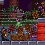 Un personaje con máscara y arma rodeado de cajas y criaturas verdes en un entorno urbano pixelado