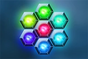 Siete hexágonos brillantes de colores verde, azul y rojo dispuestos en un patrón en forma de panal sobre un fondo azul