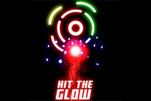 Círculos concéntricos de colores brillantes en negro con partículas y un rayo rojo en el centro, acompañados del texto Hit the Glow