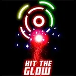 Círculos concéntricos de colores brillantes en negro con partículas y un rayo rojo en el centro, acompañados del texto Hit the Glow