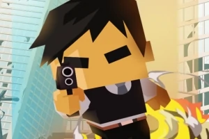 Personaje pixelado con cabello negro y ropa oscura, sosteniendo una pistola y corriendo entre edificios altos