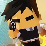 Personaje pixelado con cabello negro y ropa oscura, sosteniendo una pistola y corriendo entre edificios altos