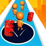 Tres figuras humanas naranjas corren en un camino azul con obstáculos de barriles rojos, mientras un fondo urbano amarillo se extiende detrás