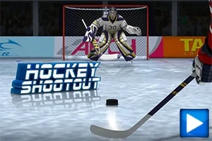 Portero de hockey frente a la portería, con un jugador listo para disparar el puck, y un botón de juego en la esquina inferior derecha