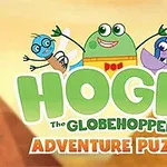 Tres personajes animados sonrientes encima de las palabras Hoggie The Globehopper Adventure Puzzle en un fondo de tonos cálidos