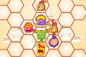 Personajes coloridos con expresiones faciales dentro de un patrón hexagonal sobre un fondo invernal
