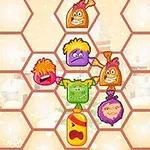 Personajes coloridos con expresiones faciales dentro de un patrón hexagonal sobre un fondo invernal