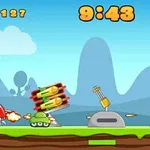 Escena animada con un tanque verde disparando misiles, un helicóptero, y explosiones en un paisaje montañoso con cielo azul y nubes