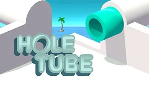Texto tridimensional Hole Tube con un escenario de fondo que incluye una palmera y un tubo verde sobre un fondo azul claro