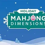 Cartel verde con la inscripción HOLIDAY MAHJONG DIMENSIONS adornado con copos de nieve, sobre un fondo invernal azul con paisajes nevados y casas
