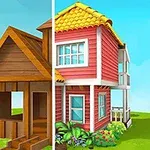 Casa dividida en dos mitades: una parte sin terminar de madera y otra parte completa y colorida con ventanas y plantas