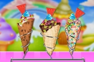 Tres conos de helado con diversas coberturas, adornados con crema azul y triángulos de galleta roja, colocados en un soporte con un fondo colorido y fantasioso