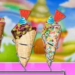 Tres conos de helado con diversas coberturas, adornados con crema azul y triángulos de galleta roja, colocados en un soporte con un fondo colorido y fantasioso
