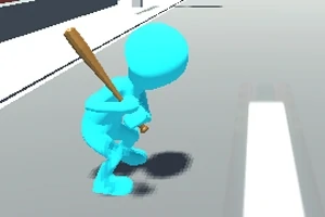 Figura azul sosteniendo un bate de béisbol en una calle