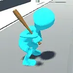 Figura azul sosteniendo un bate de béisbol en una calle