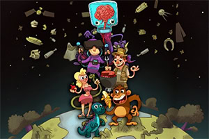 Un grupo de personajes animados de estilo caricaturesco, incluyendo un célebre cerebronauta en una pecera, posan sobre un planeta con un fondo de objetos espaciales flotantes