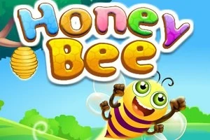 Abeja caricaturesca feliz volando con un panal y árboles en el fondo, con letras coloridas que dicen Honey Bee