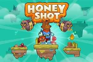 Un oso con armadura y un casco está de pie sobre una plataforma flotante, rodeado de abejas y con una gota de miel cerca, con un fondo de nubes y el título Honey Shot en la parte superior