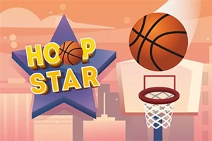 Estrella morada con texto HOOP STAR, un balón de baloncesto y una canasta en un fondo urbano al atardecer