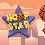 Estrella morada con texto HOOP STAR, un balón de baloncesto y una canasta en un fondo urbano al atardecer