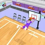 Jugador de baloncesto con uniforme morado haciendo una clavada en una cancha interior
