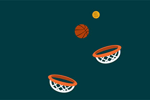 Ilustración de un balón de baloncesto en el aire cercano a dos aros inclinados sobre un fondo azul oscuro