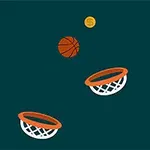 Ilustración de un balón de baloncesto en el aire cercano a dos aros inclinados sobre un fondo azul oscuro