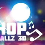Esfera luminosa y notas musicales con las palabras Hop Ballz 3D en un fondo abstracto colorido