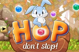 Un conejo azul sonriente sobre un cartel de madera con las palabras HOP dont stop!
