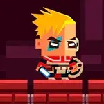 Personaje de estilo pixel art con cabello rubio y una espada azul, sobre una plataforma roja con fondo oscuro