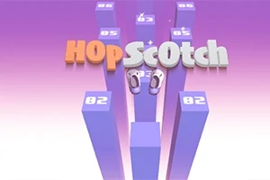 Ilustración con plataformas numeradas en tonos morados y el título HopScotch en 3D, con un par de zapatos sobre las plataformas