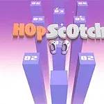 Ilustración con plataformas numeradas en tonos morados y el título HopScotch en 3D, con un par de zapatos sobre las plataformas
