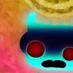 Una figura oscura con cuernos y ojos rojos sobre un fondo degradado de tonos amarillos y rosados