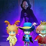 Tres personajes caricaturescos con sombreros y disfraces coloridos frente a una figura oscura y misteriosa en el fondo con iluminación púrpura
