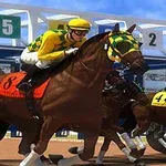 Jinetes compiten en una emocionante carrera de caballos en una pista de carreras, destacando el caballo con el número 8 al frente