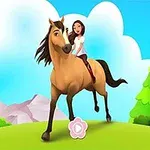 Niña montando un caballo en un paisaje colorido con cielos azules y árboles verdes