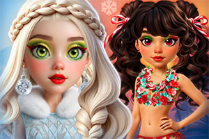 Dos chicas estilo caricatura con peinados elaborados y accesorios navideños, una rubia con trenzas y otra de cabello oscuro con moños rojos