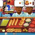 Clientes en un carrito de comida rápida hacen pedidos de hamburguesas, papas fritas y bebidas, mientras tres personas muestran burbujas de pensamiento con sus órdenes