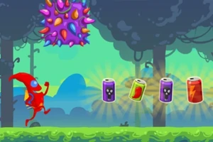 Personaje rojo corriendo hacia latas coloridas en un bosque con un objeto espinoso flotante