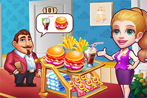 Mujer con uniforme morado sirviendo hamburguesas y papas fritas junto a un hombre con traje en un restaurante colorido